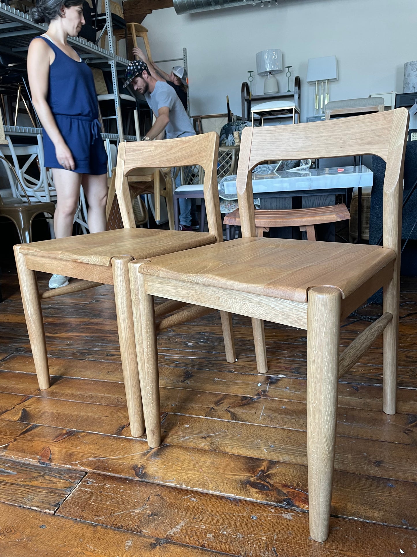 2 modern wide natural oak wood chairs 🌺