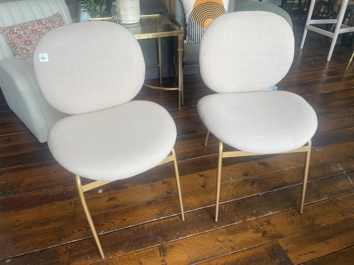 2 modern beige linen & gold dining / accent chairs ✨