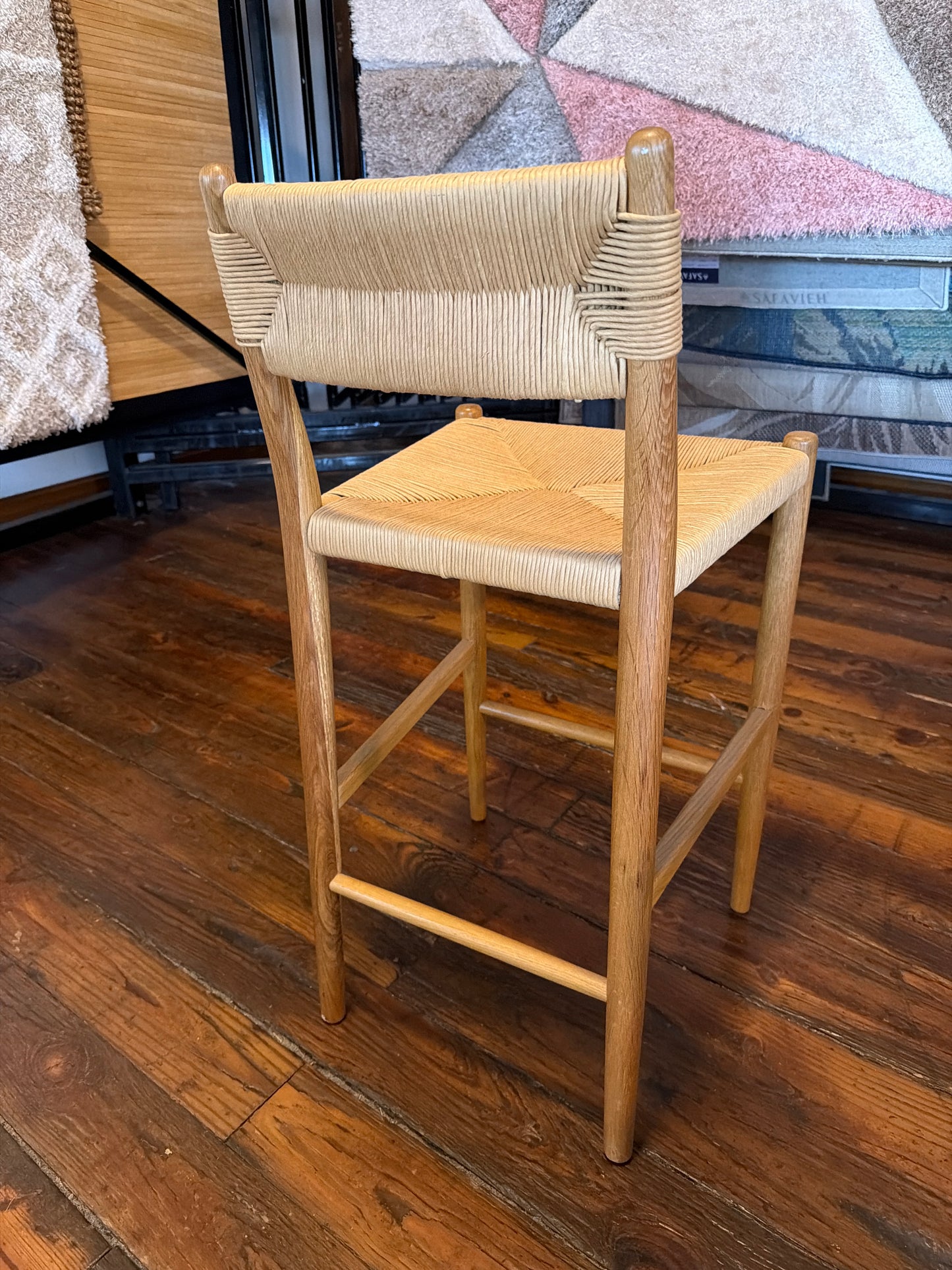 Four Hands neutral brown wood counterheight barstool w/ woven back & seat 🌺
