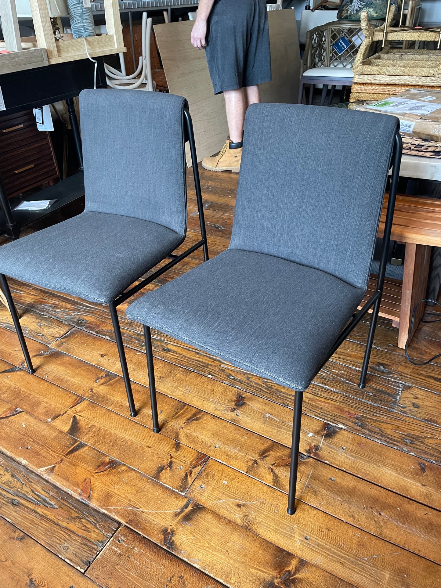 2 dark grey upholstered minimalist chairs ☕