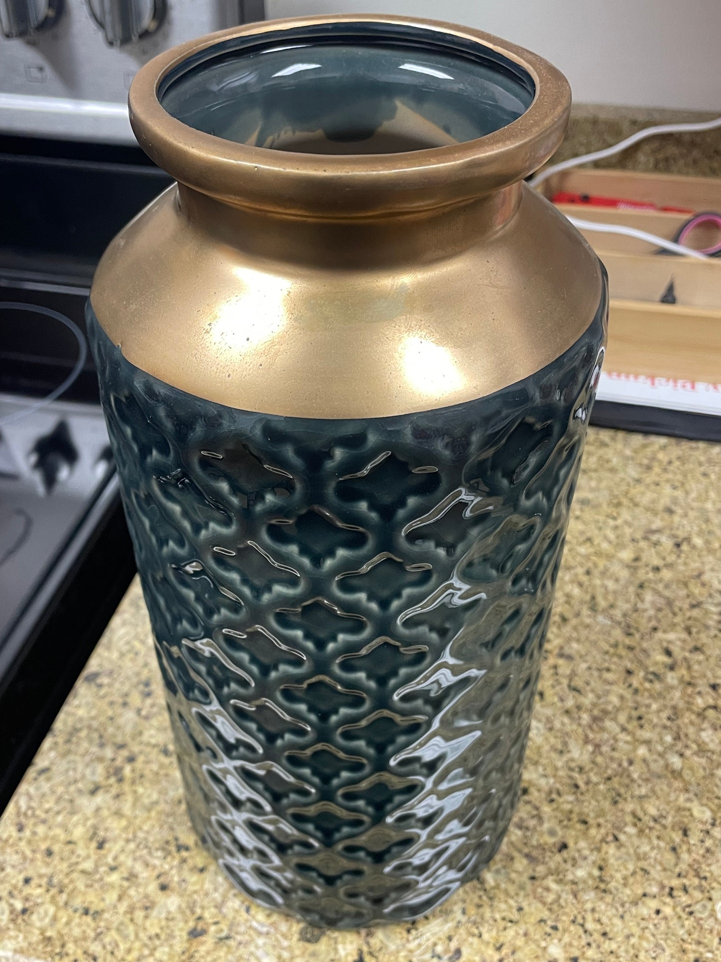 Dark green & gold 12” ceramic vase ✨