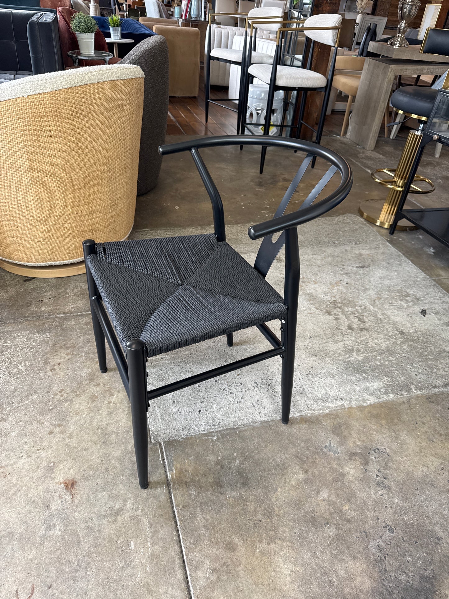 Black metal & woven wishbone chairs