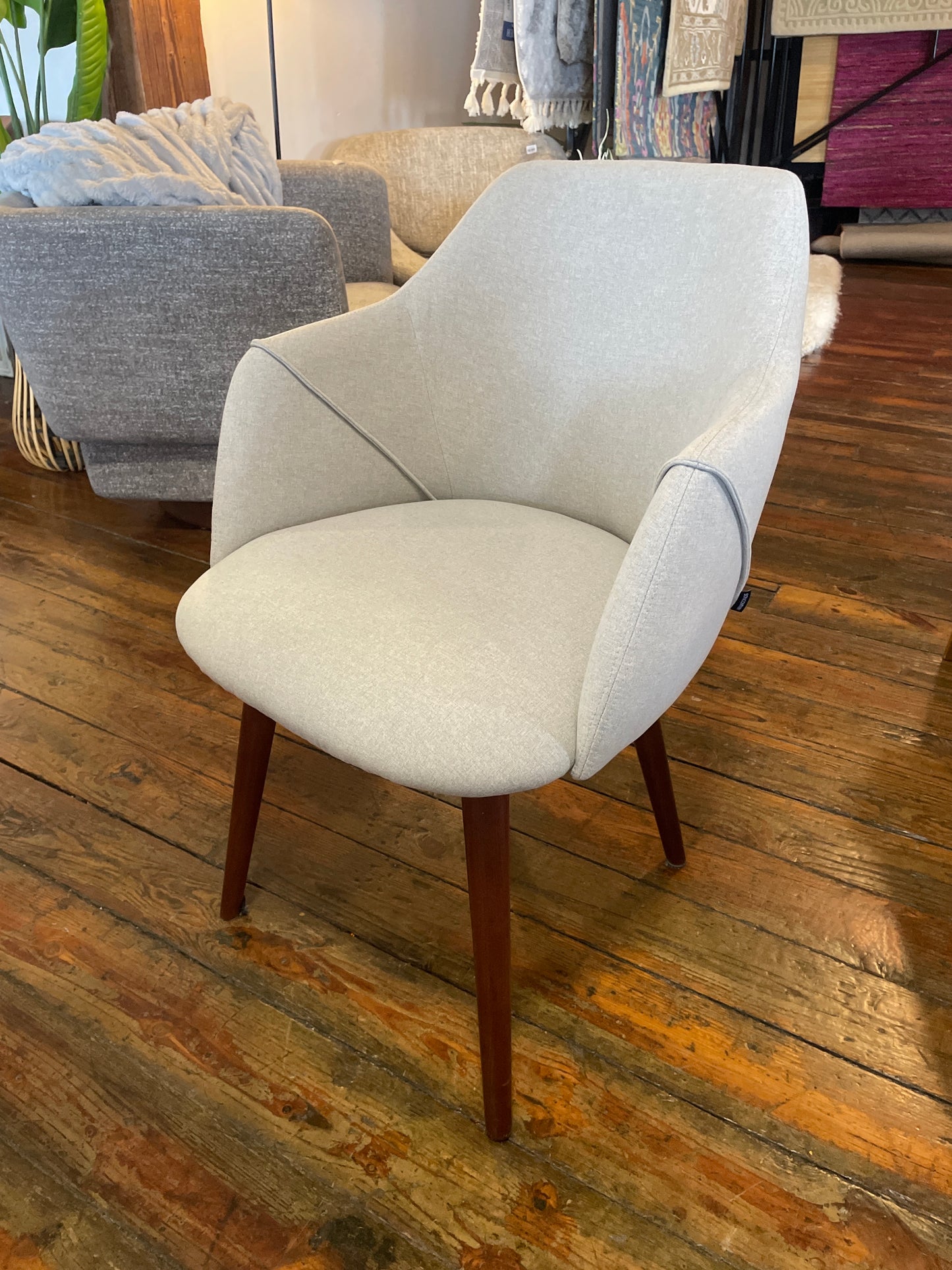 Modern upholstered grey dining chair w/ brown wood legs 🪑
