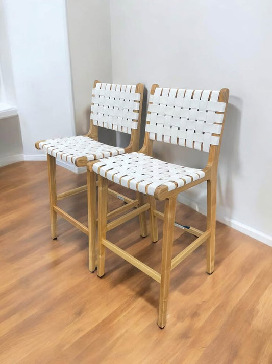 White woven leather counterheight barstool 🥂