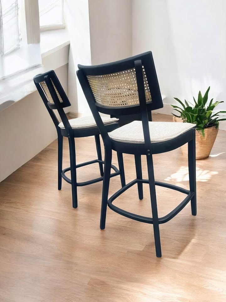 2 bar height black wood & rattan barstools 🥂