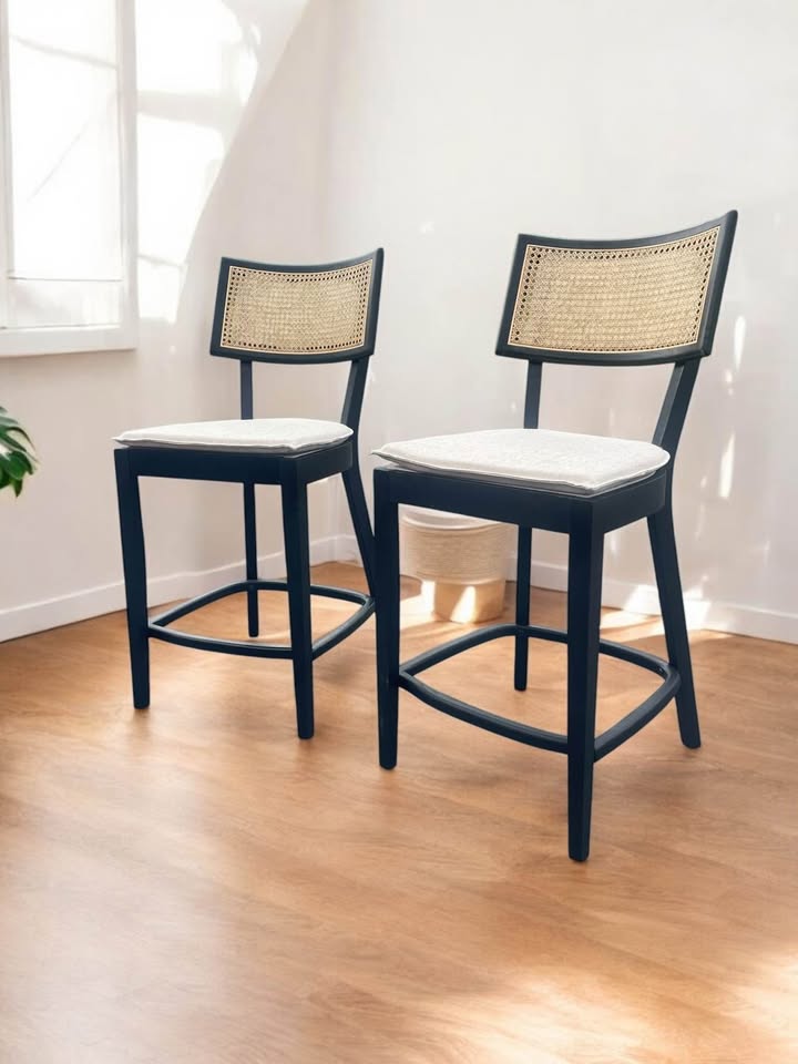2 bar height black wood & rattan barstools 🥂