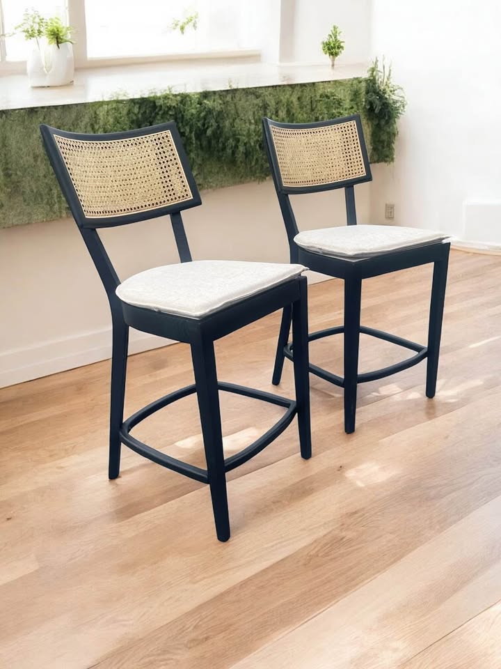 2 bar height black wood & rattan barstools 🥂