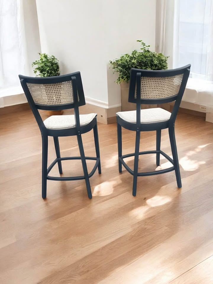 2 bar height black wood & rattan barstools 🥂