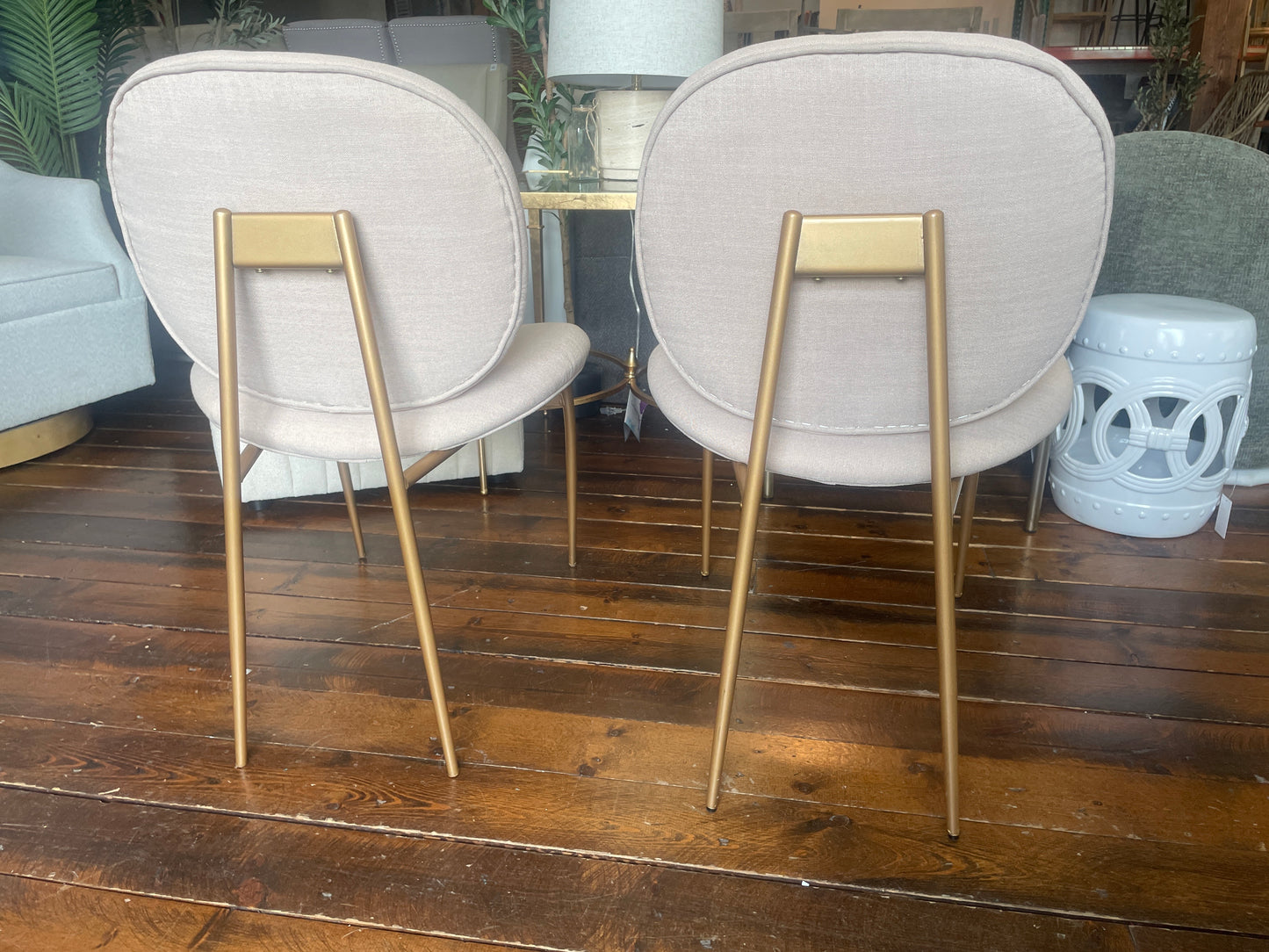 2 modern beige linen & gold dining / accent chairs ✨