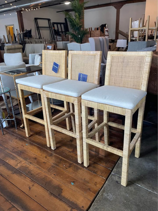 Coastal woven barheight barstool w/ white cushion ☀️