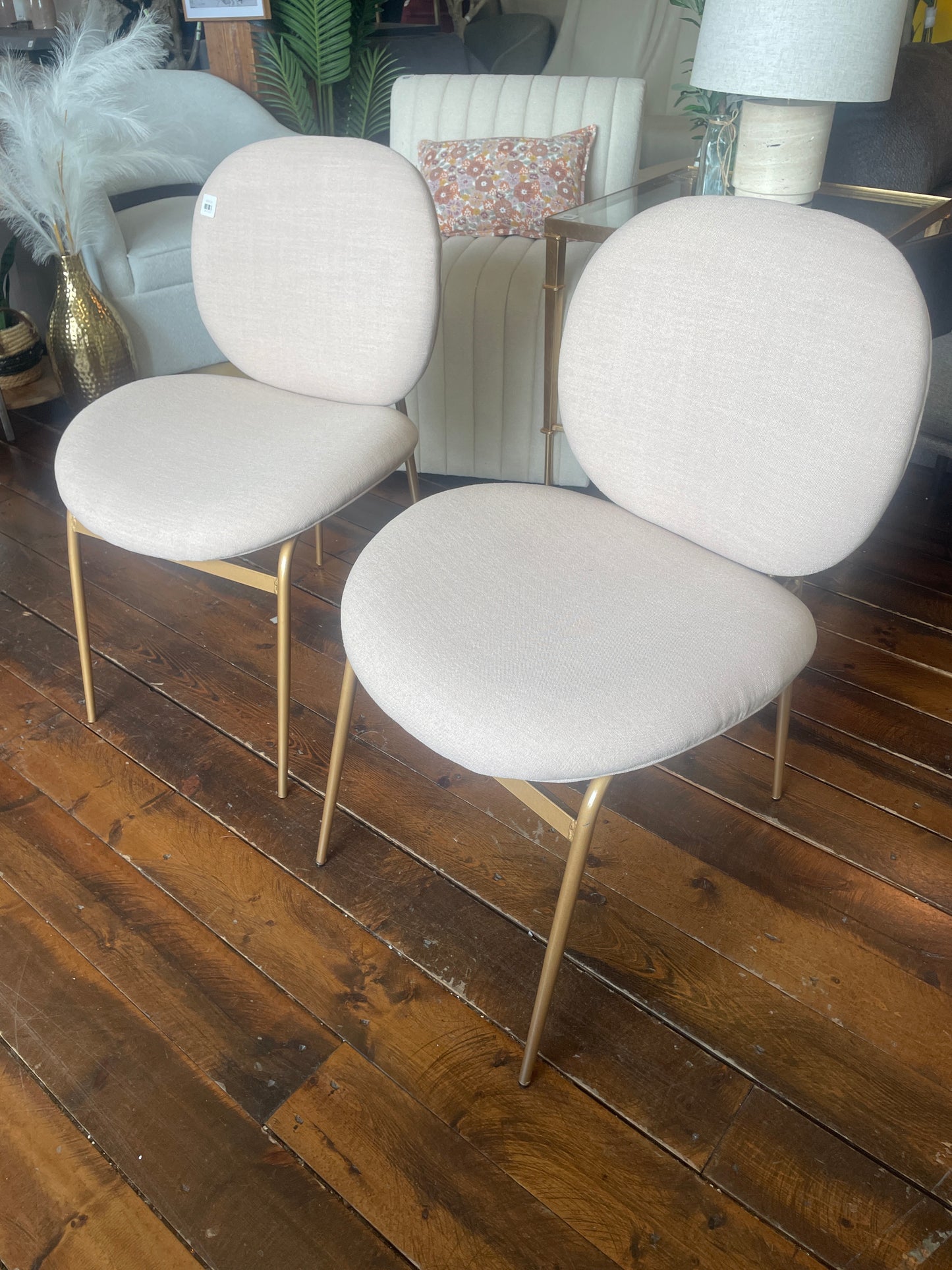 2 modern beige linen & gold dining / accent chairs ✨
