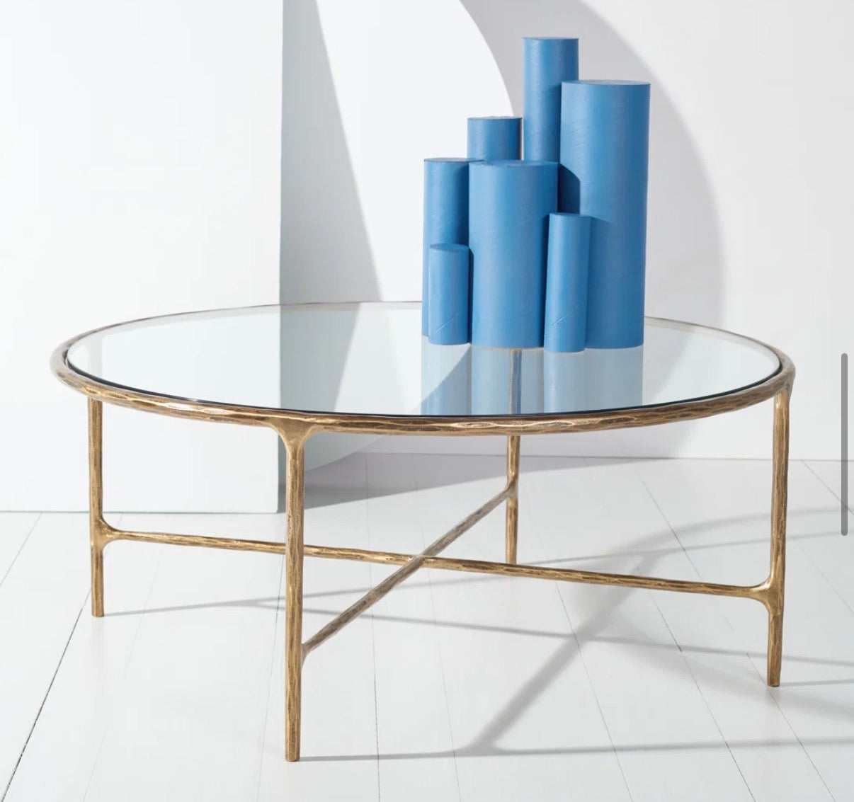 36” round glass coffee table w/ hammered brass iron frame ✨