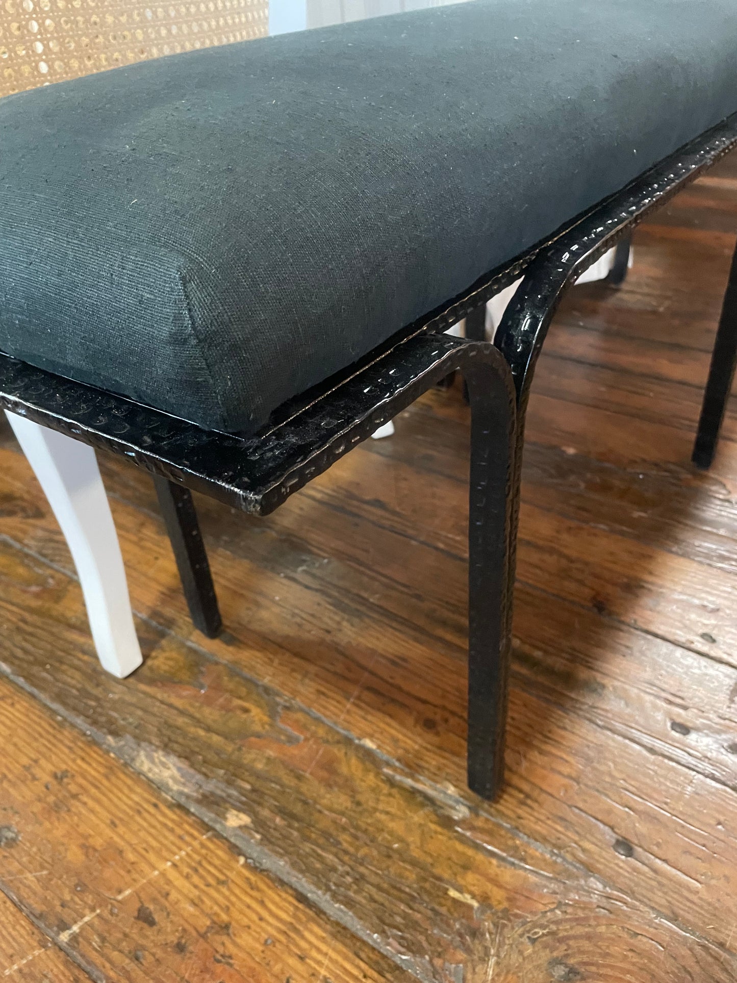 Dark teal 59” upholstered linen bench w/ black iron legs 🖤