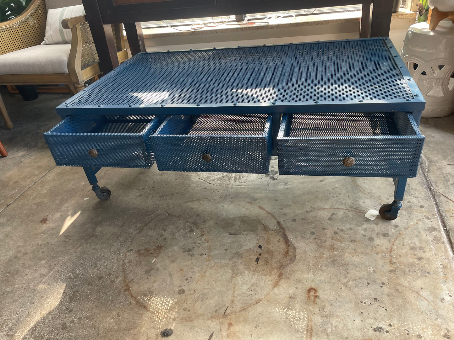 Industrial blue coffee table on wheels w/ 6 drawers π