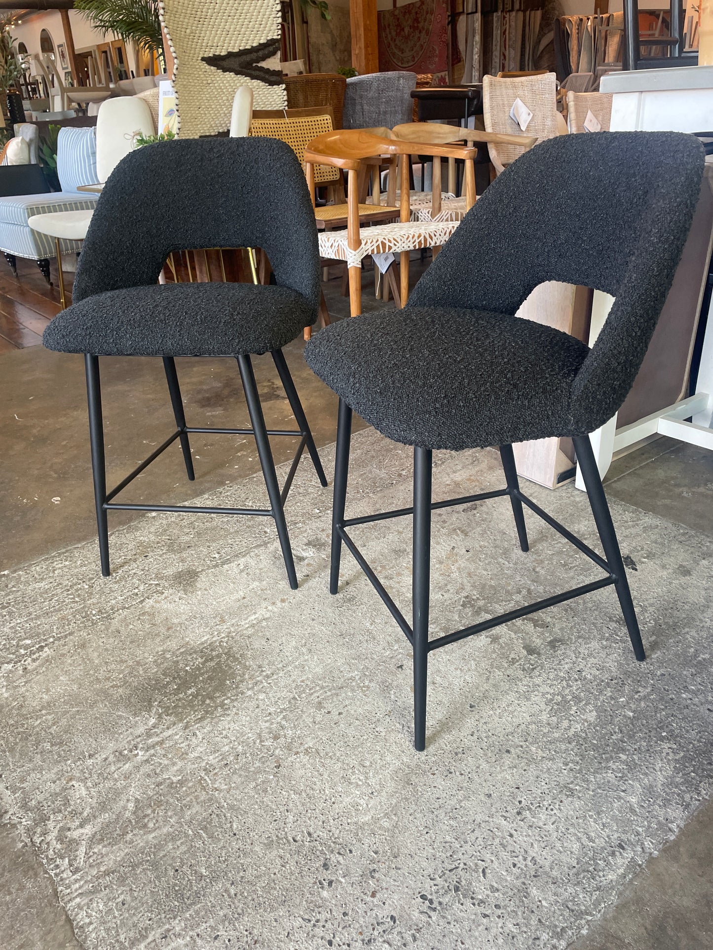 2 black boucle counterheight barstools 🍷