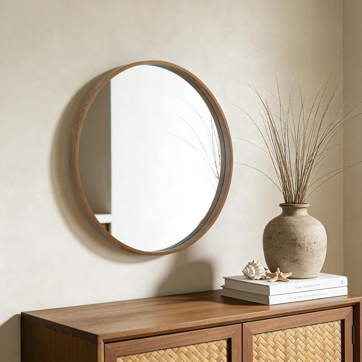 24" round walnut wood mirror