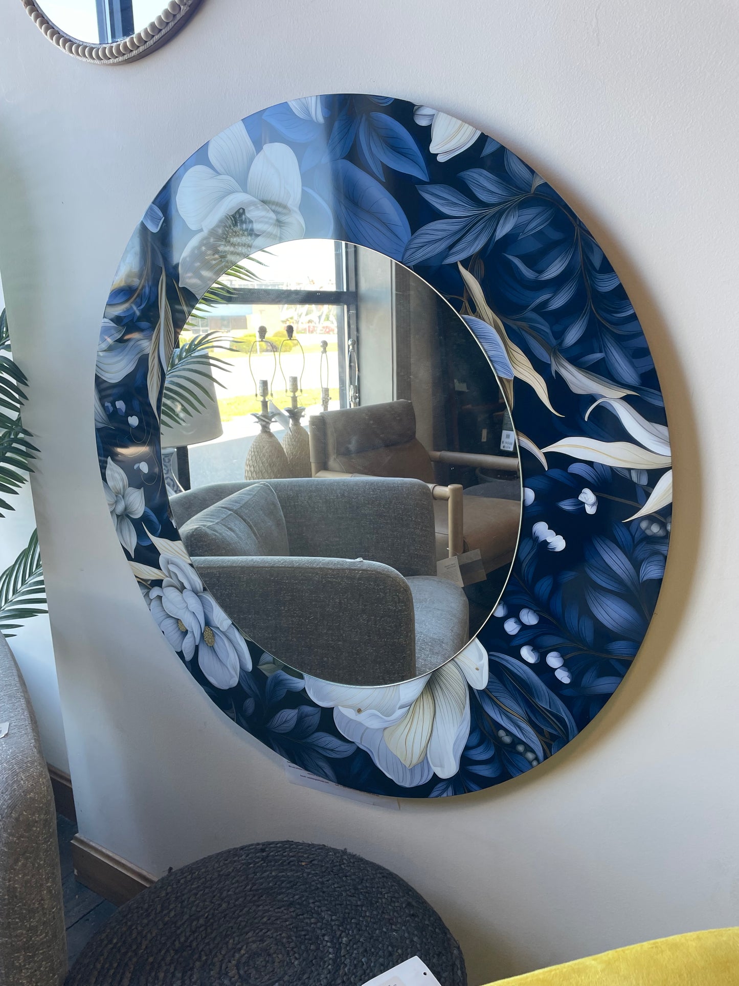 Moonlit indigo floral boho round mirror🪞
