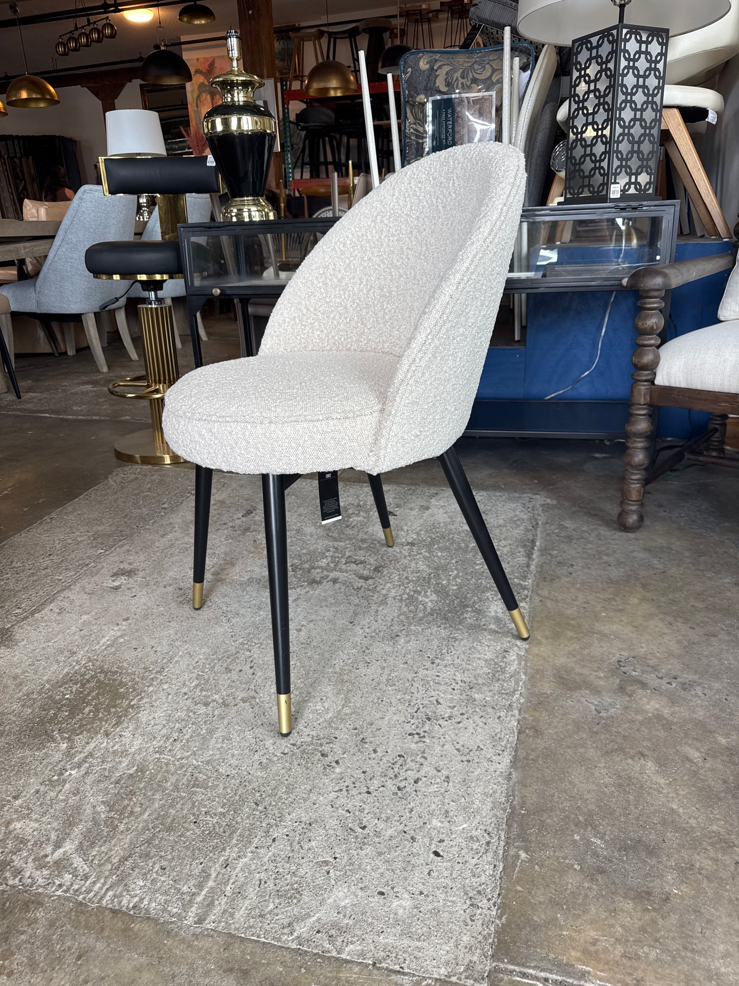 Cream boucle, performance fabric Eichholtz dining chairs with black & gold legs ✨