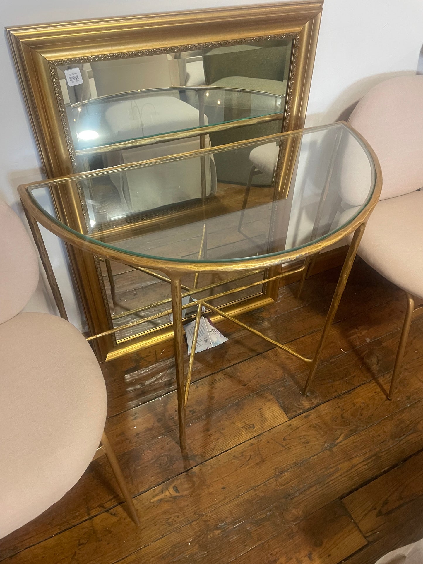 Brass metal & glass half moon console table ✨