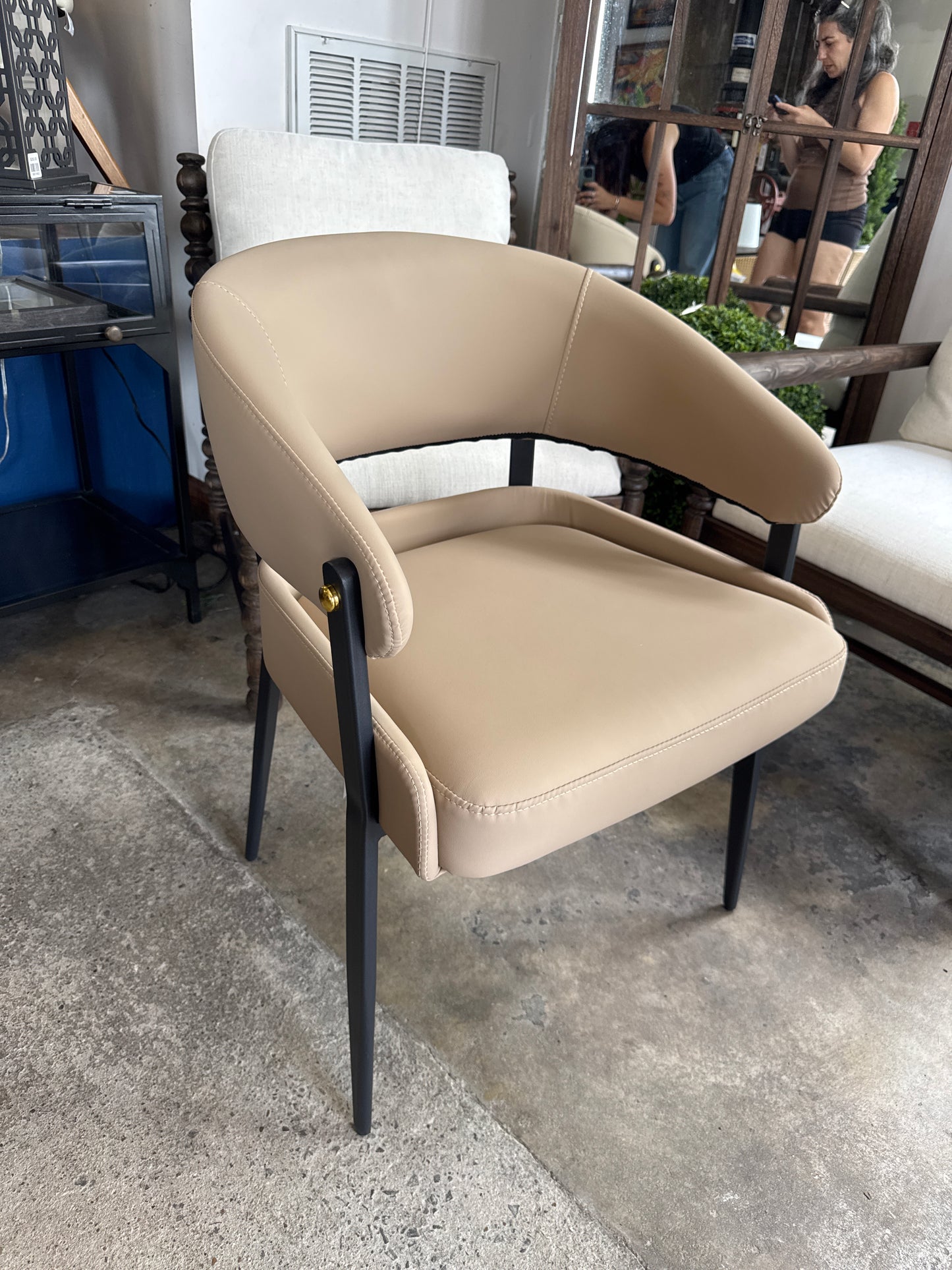 Taupe vegan leather dining or accent chair with gold and black legs ✨