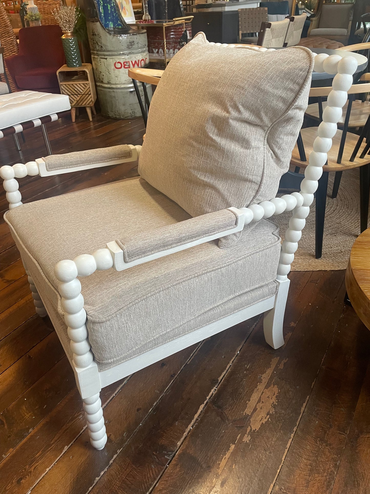 Spindle accent chair w/ white wood frame & smoke grey cushion 🩶