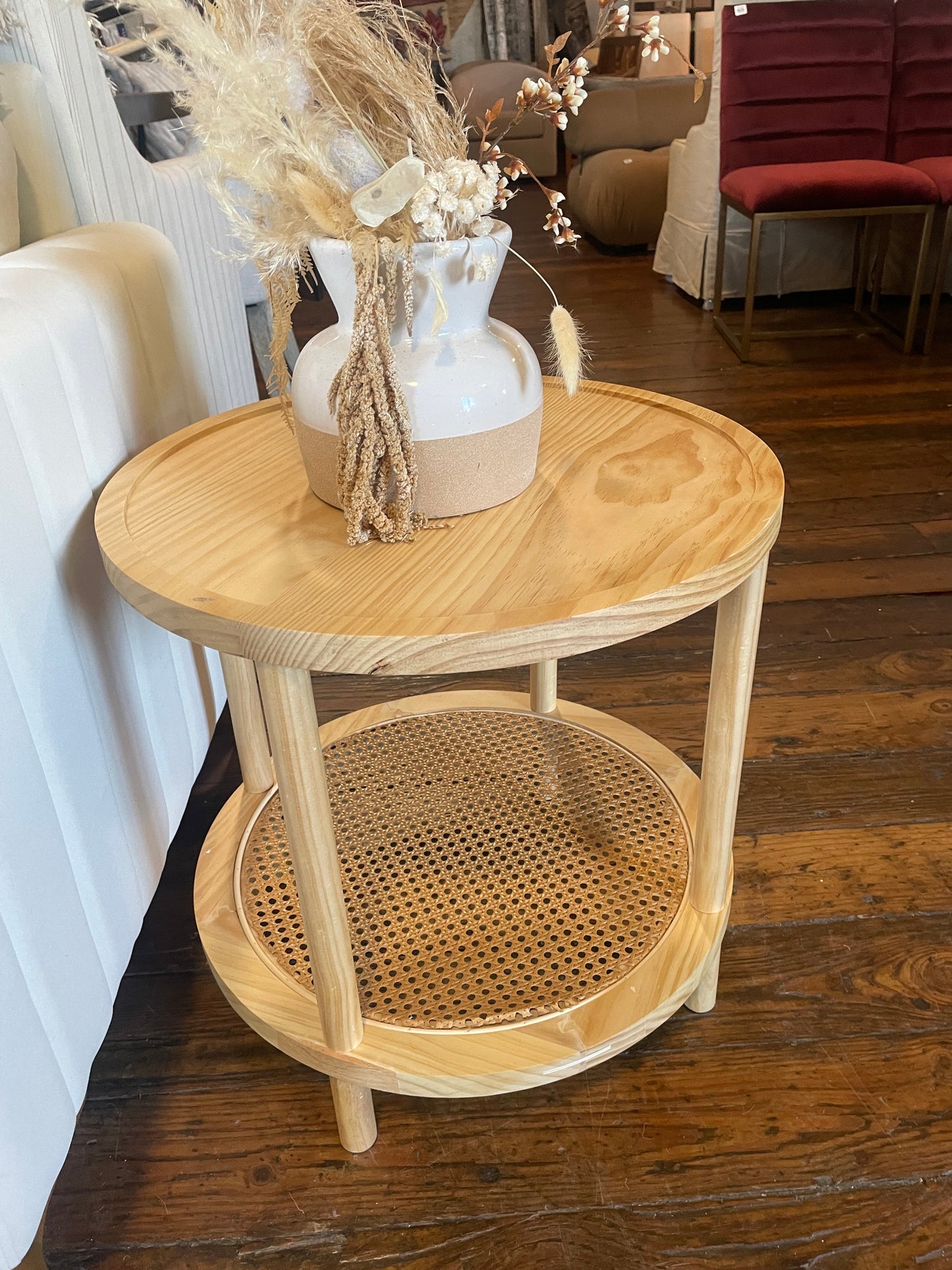 Nathan James light wood end table w/ rattan shelf 🪴