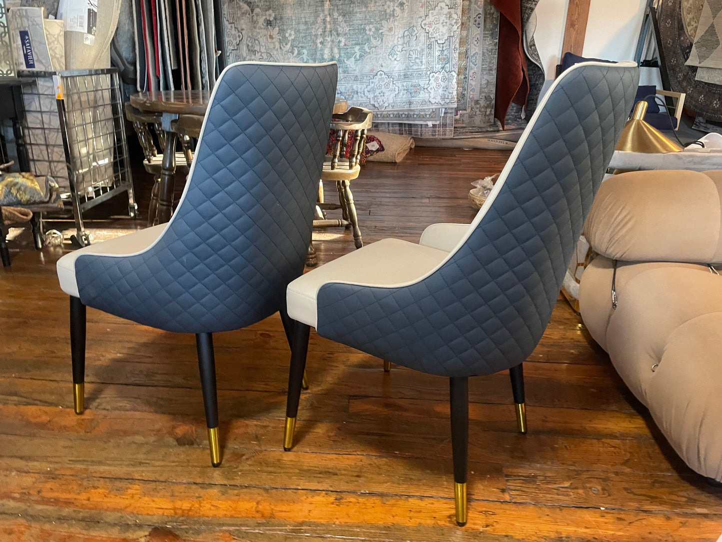 2 dark blue & grey faux leather chairs 🖤