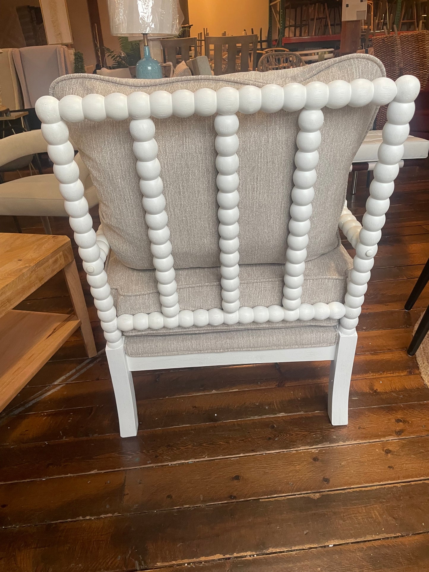 Spindle accent chair w/ white wood frame & smoke grey cushion 🩶