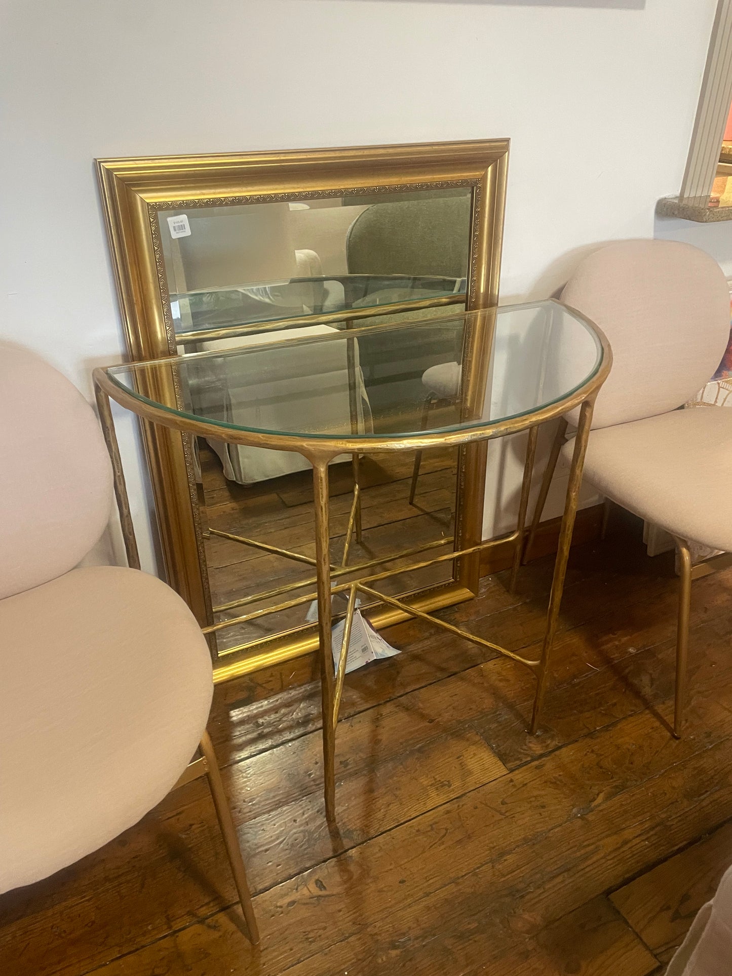 Brass metal & glass half moon console table ✨