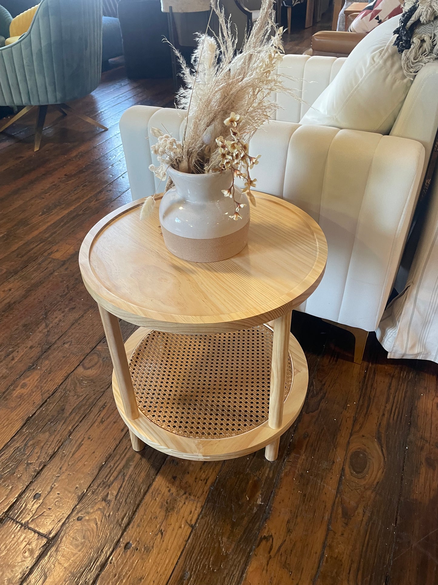 Nathan James light wood end table w/ rattan shelf 🪴