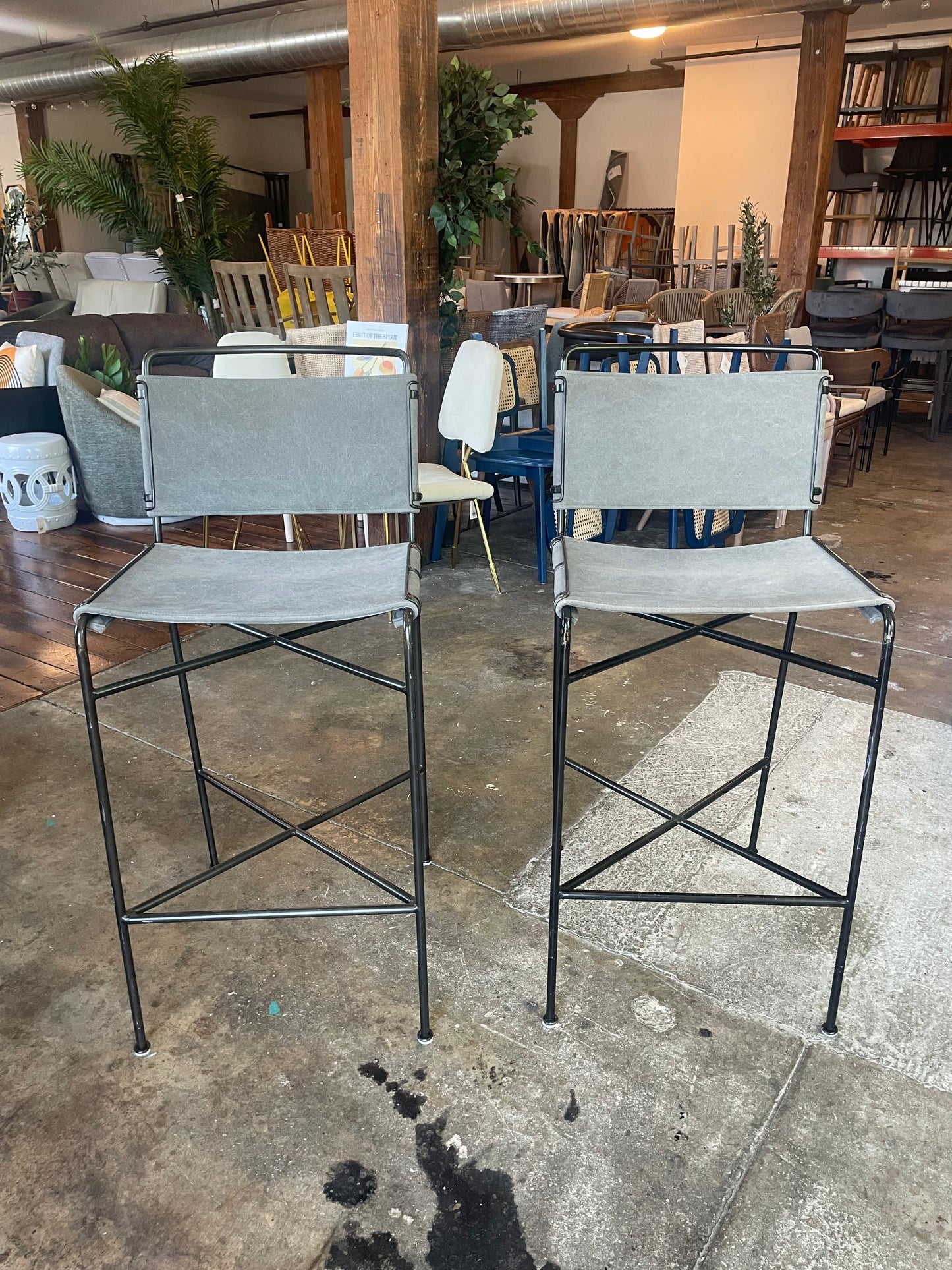 2 Four Hands 30” barheight grey & black steel barstools🍷