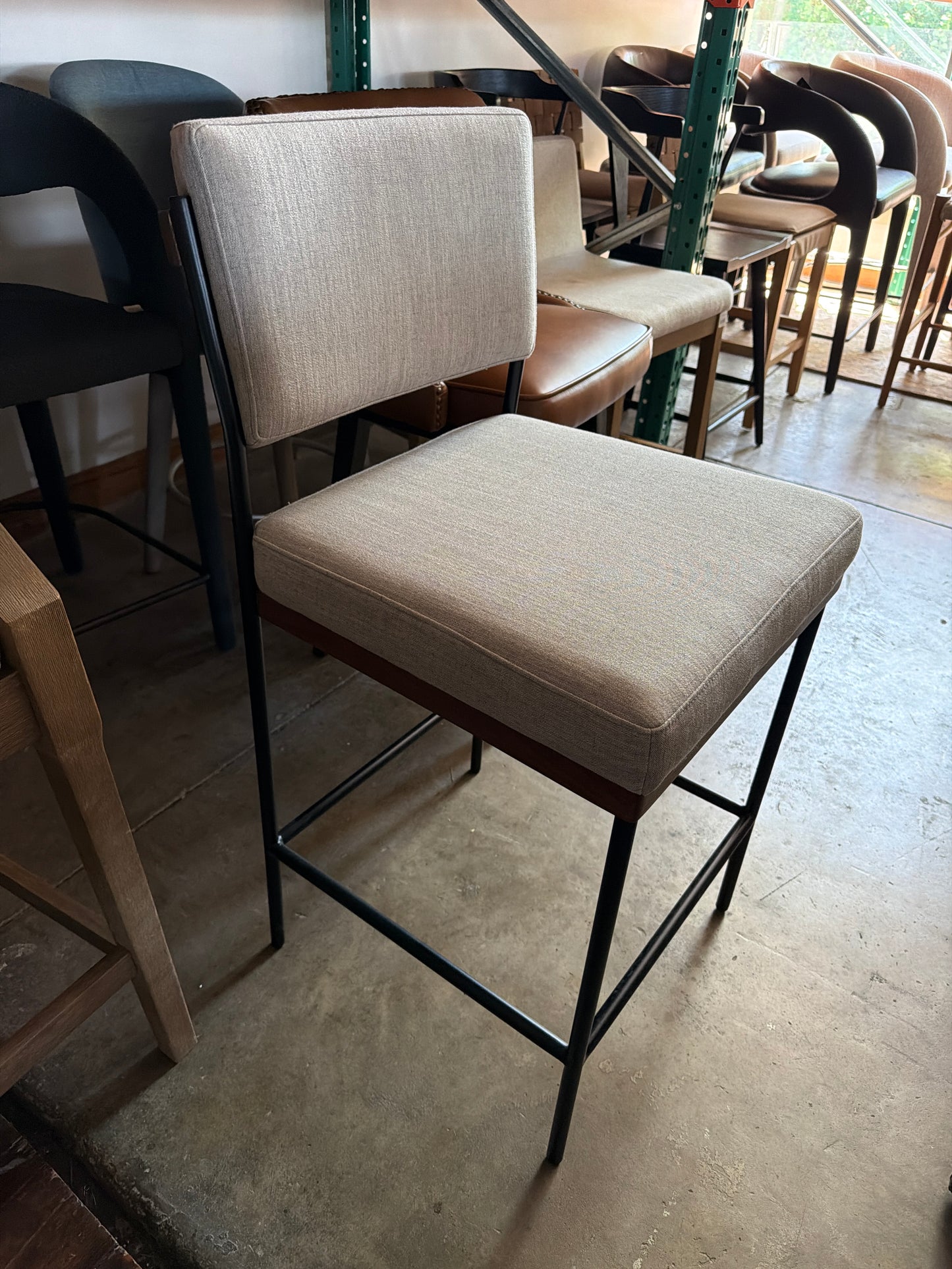 Four Hands modern grey linen, wood, & black iron frame counterheight barstool 🖤