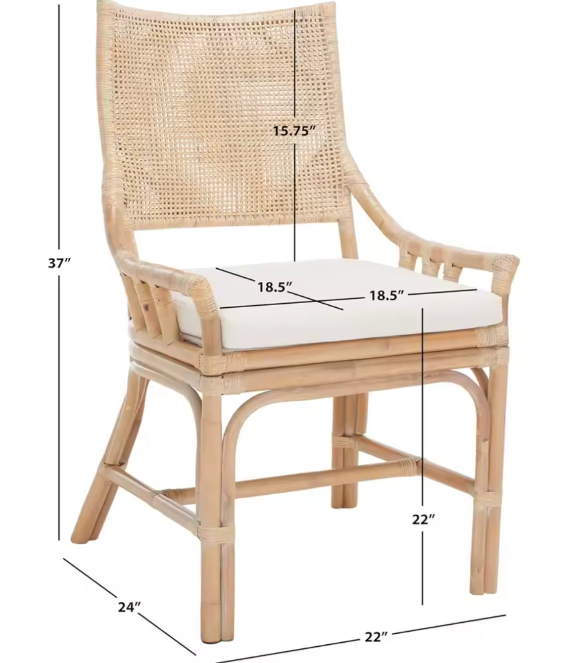 Natural wicker rattan chair w/ white cushion & high back 🌼