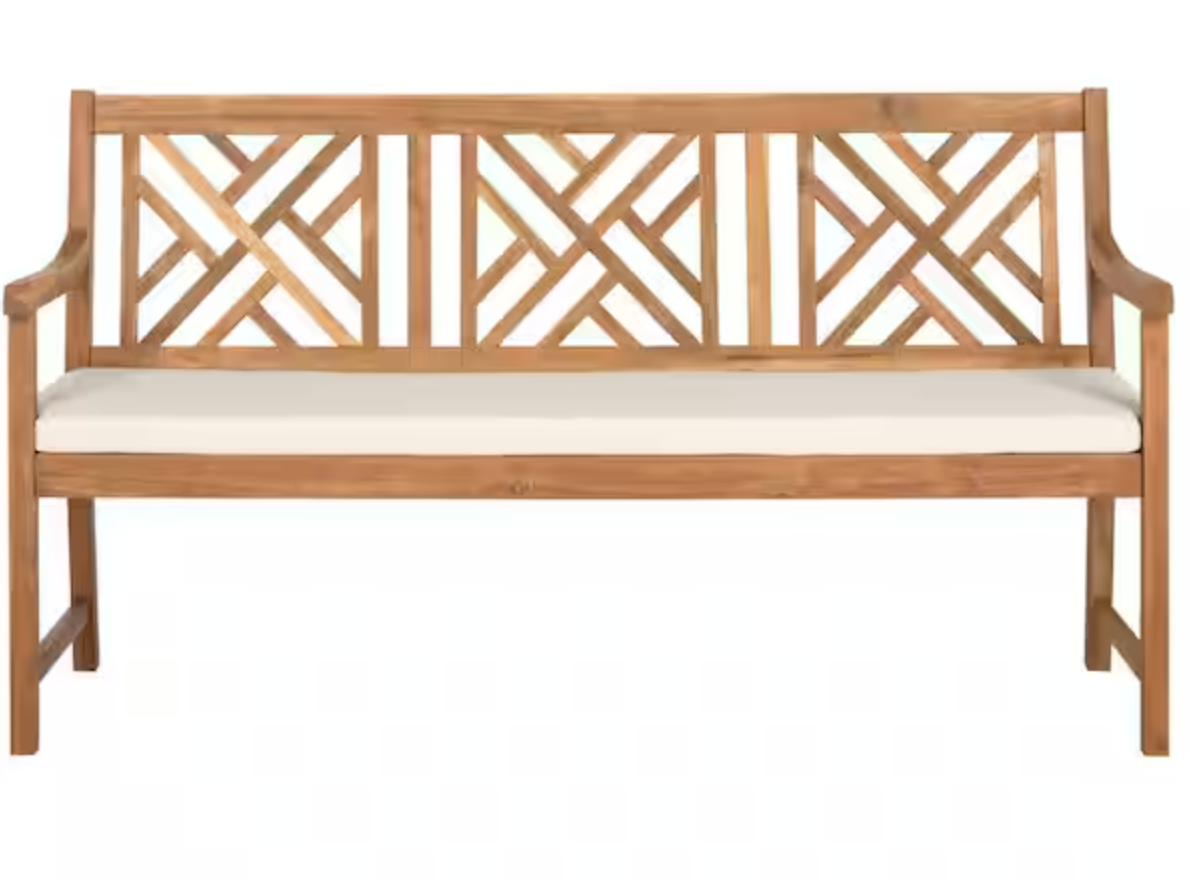 3-seat outdoor bench w/ acacia wood frame & white cushion 🌸