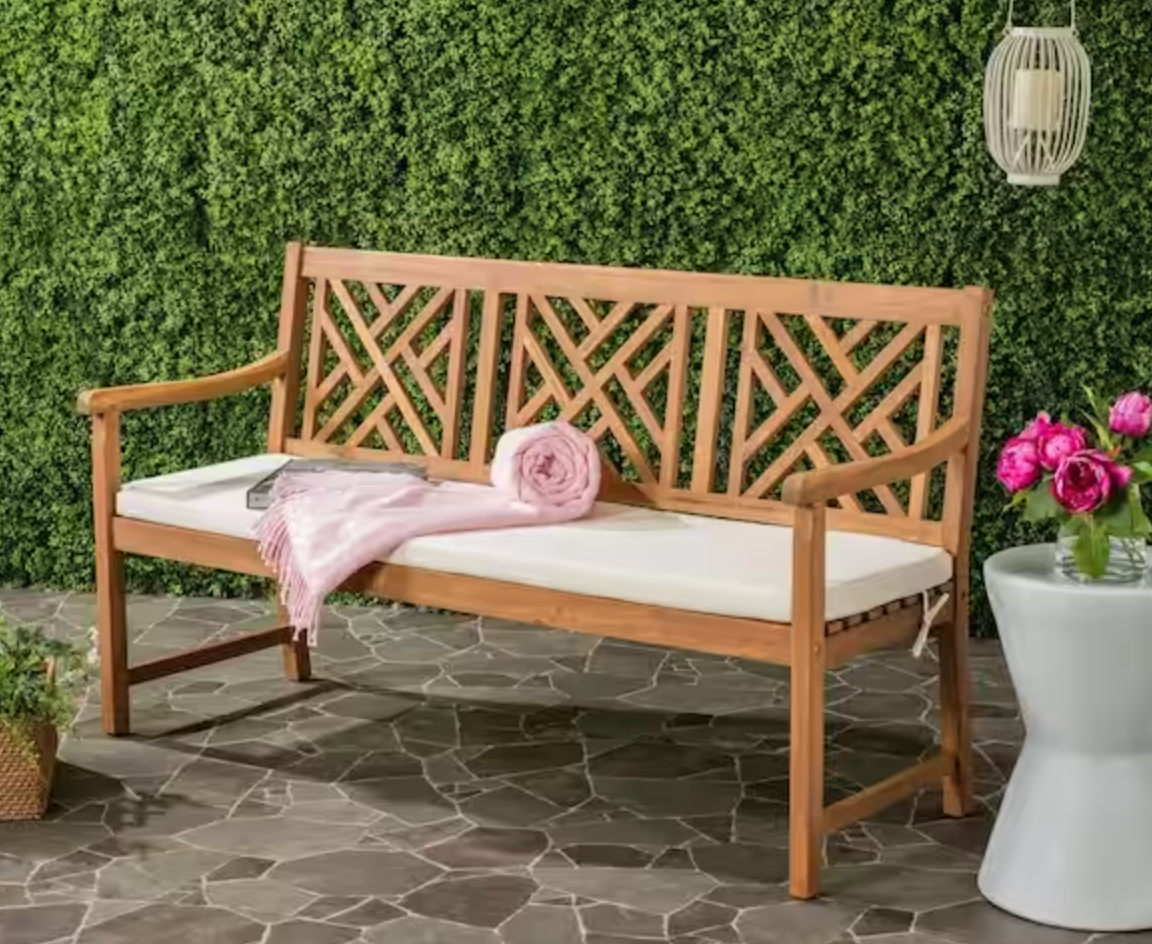 3-seat outdoor bench w/ acacia wood frame & white cushion 🌸