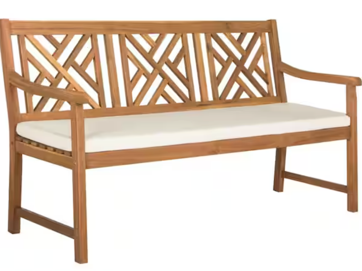 3-seat outdoor bench w/ acacia wood frame & white cushion 🌸