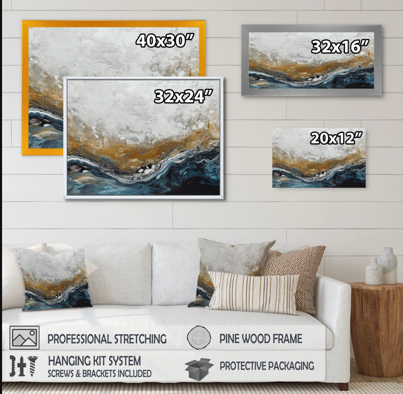 Gray gold modern abstract 32" x 16" contemporary canvas ✨
