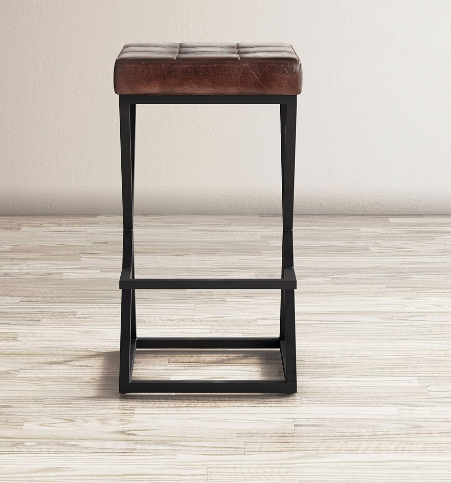 Mid-century genuine dark brown leather backless barheight barstool πΊ