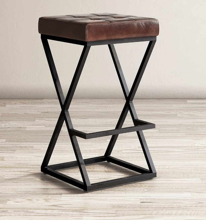 Mid-century genuine dark brown leather backless barheight barstool πΊ