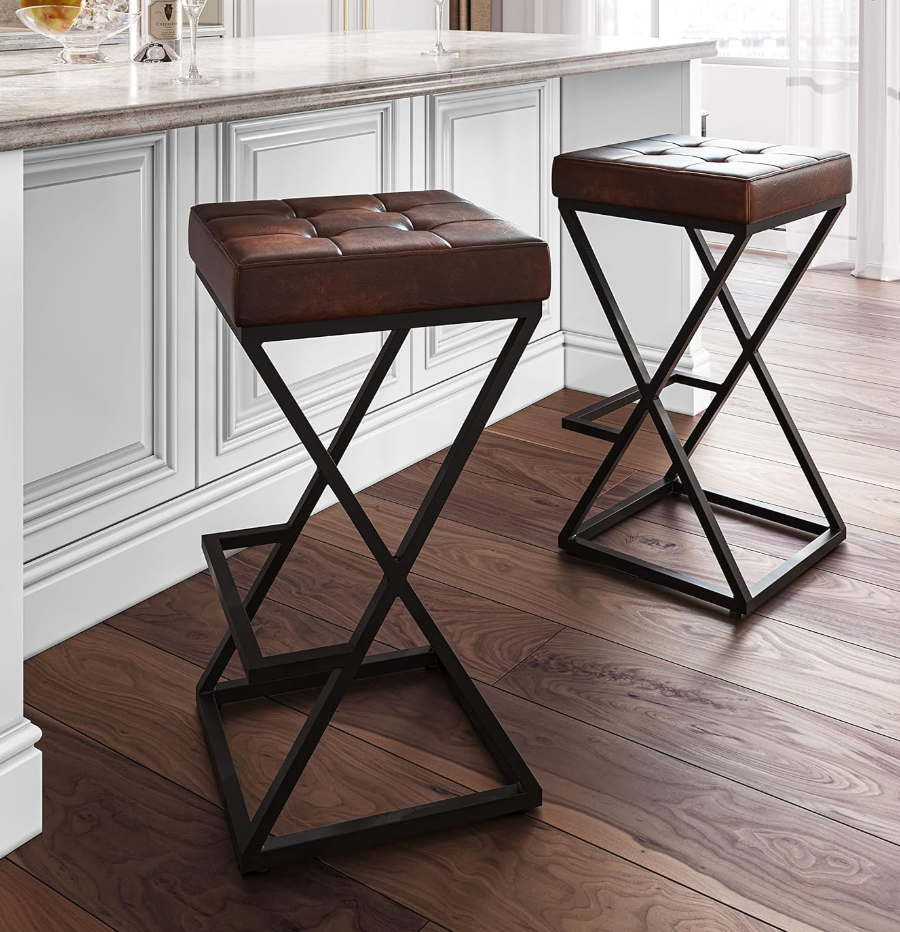 Mid-century genuine dark brown leather backless barheight barstool πΊ
