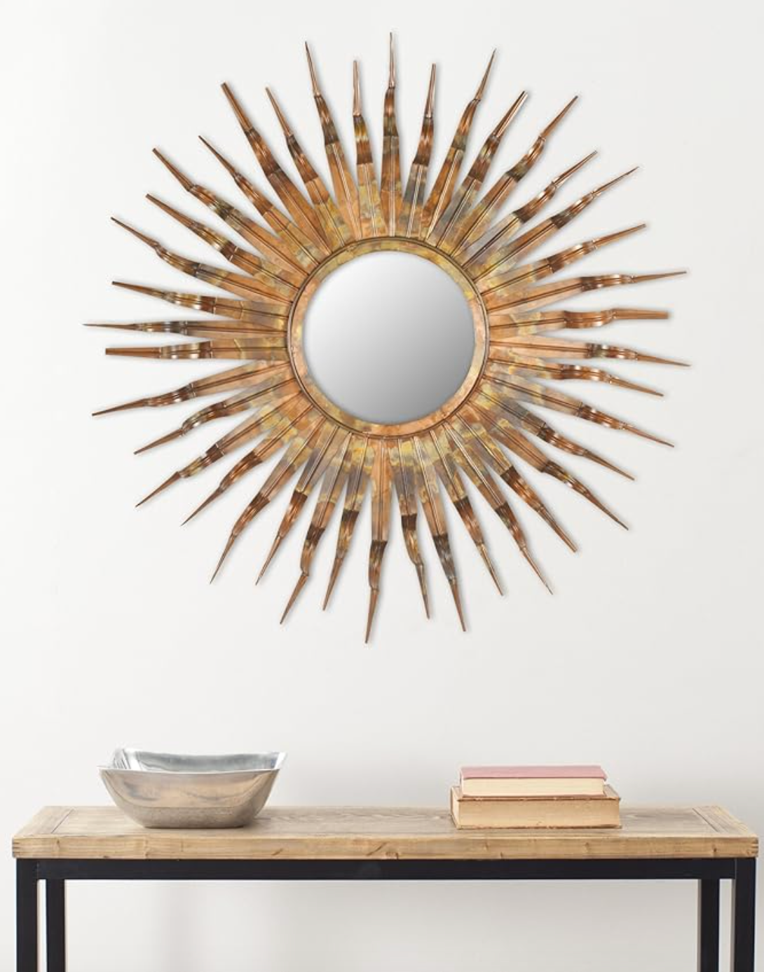 Iron, wood and glass sunburst mirror w/ copper finish ☀️