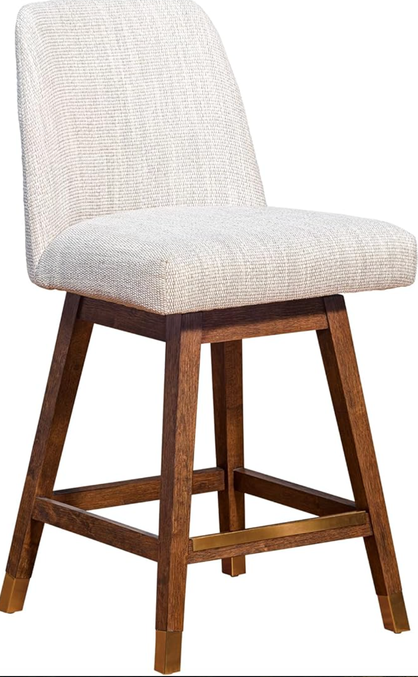 Modern farmhouse swivel barstool in brown oak wood with beige fabric π₯
