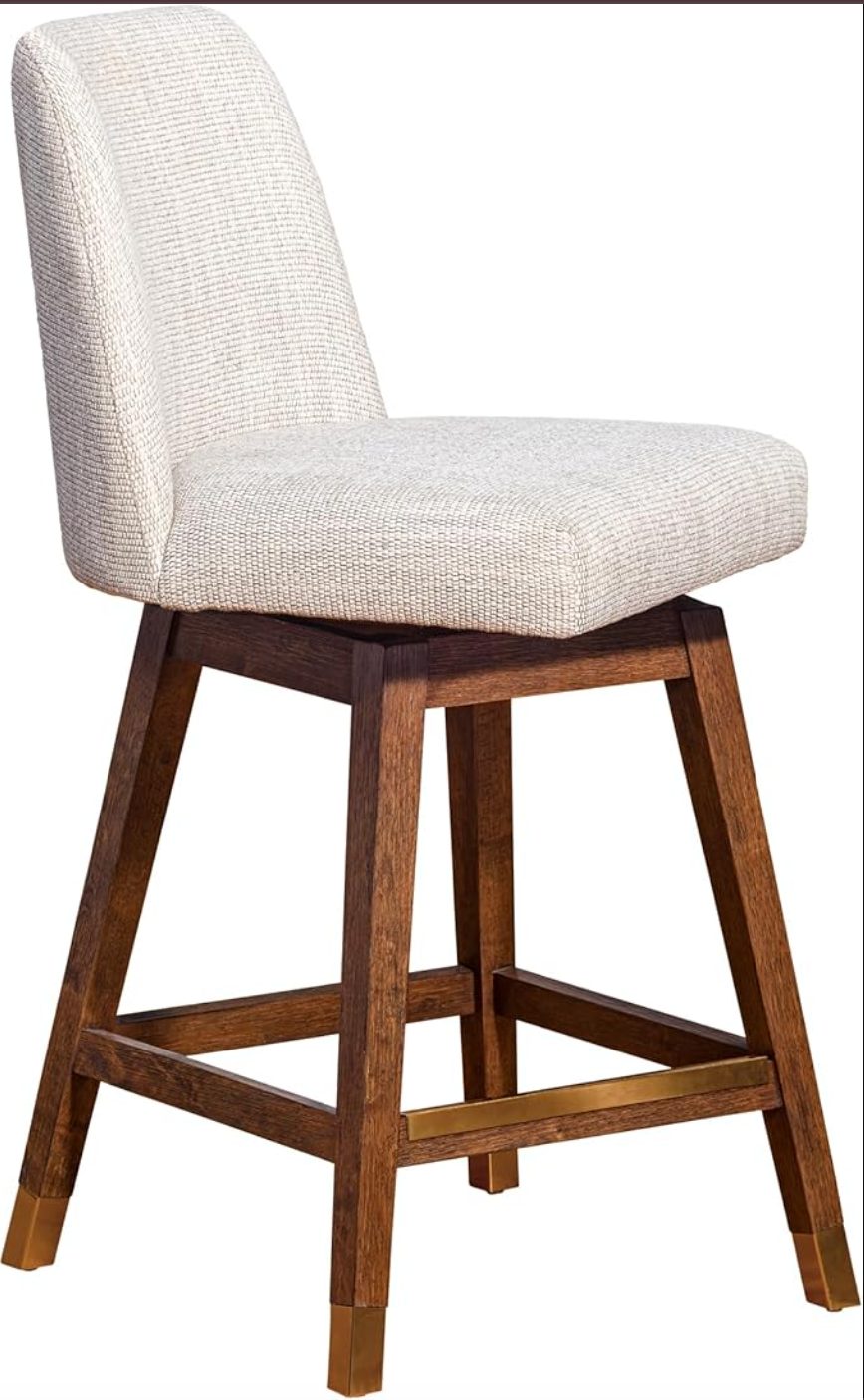 Modern farmhouse swivel barstool in brown oak wood with beige fabric π₯