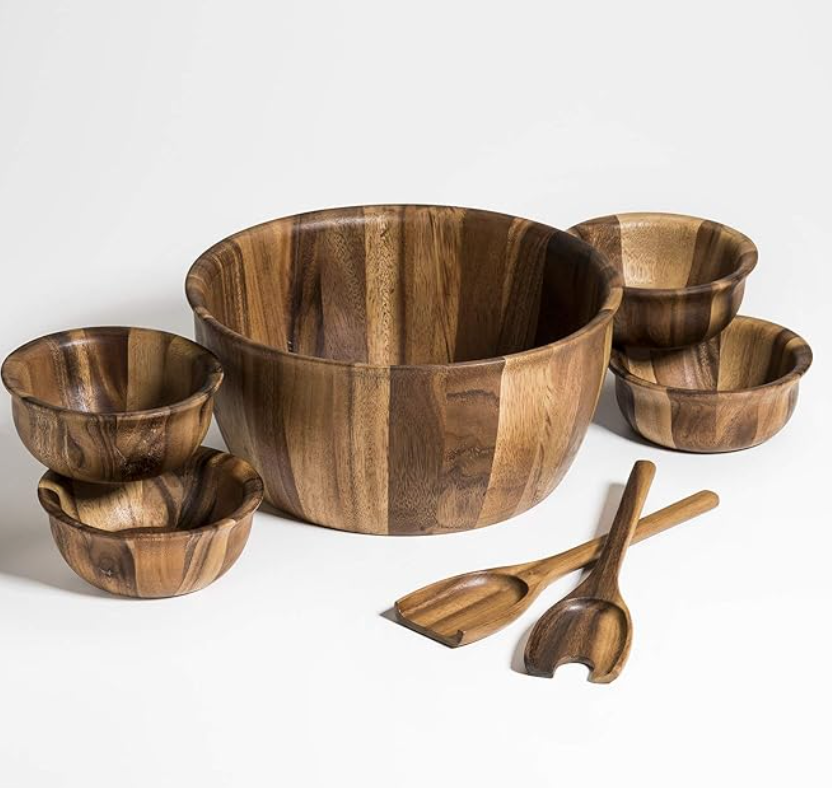 Acacia wood extra large 13" salad bowl with 4 bowls 🍽️