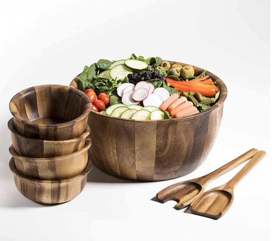 Acacia wood extra large 13" salad bowl with 4 bowls 🍽️