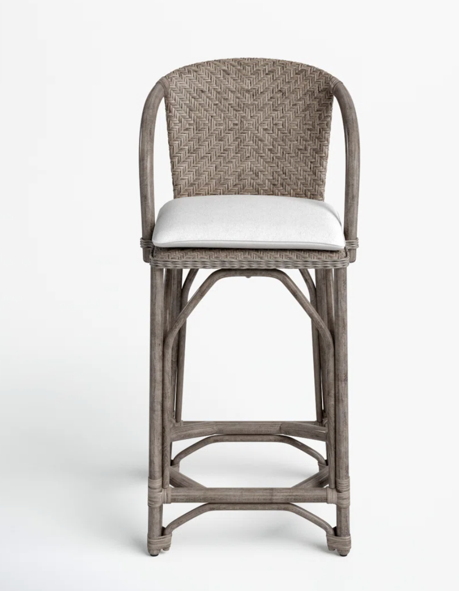 Grey wicker barstool with white cushion 🥂