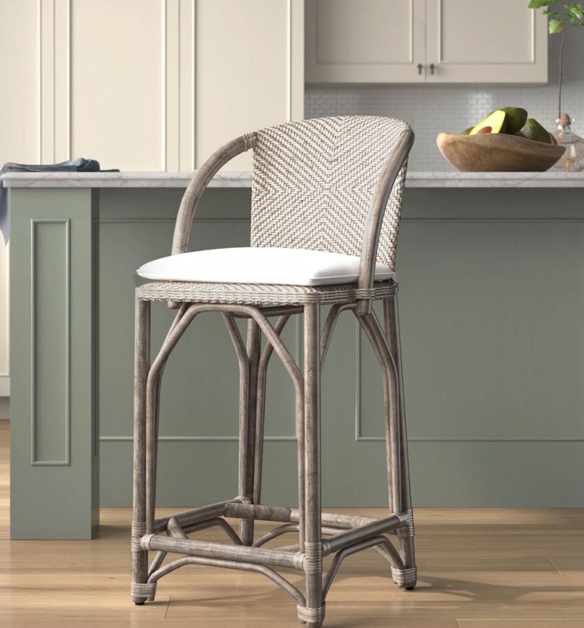 Grey wicker barstool with white cushion 🥂