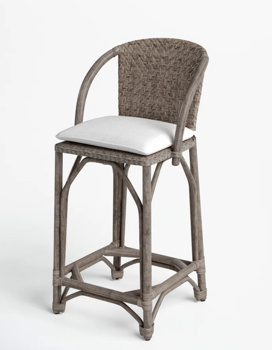 Grey wicker barstool with white cushion 🥂