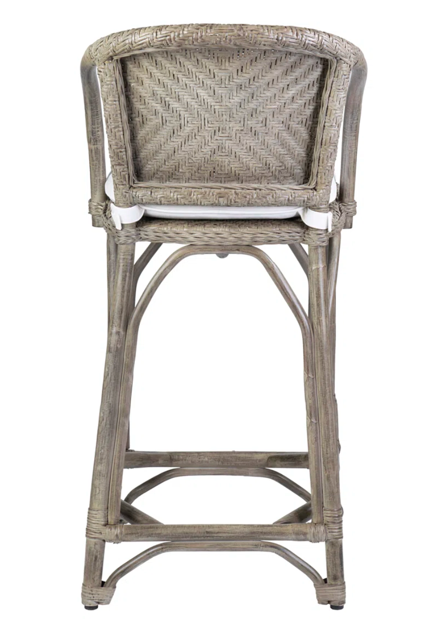 Grey wicker barstool with white cushion 🥂