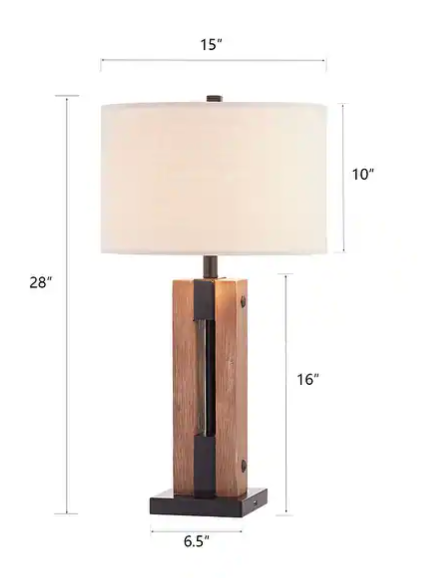 Modern farmhouse 28" brown wood & black table lamp w/ USB 💡
